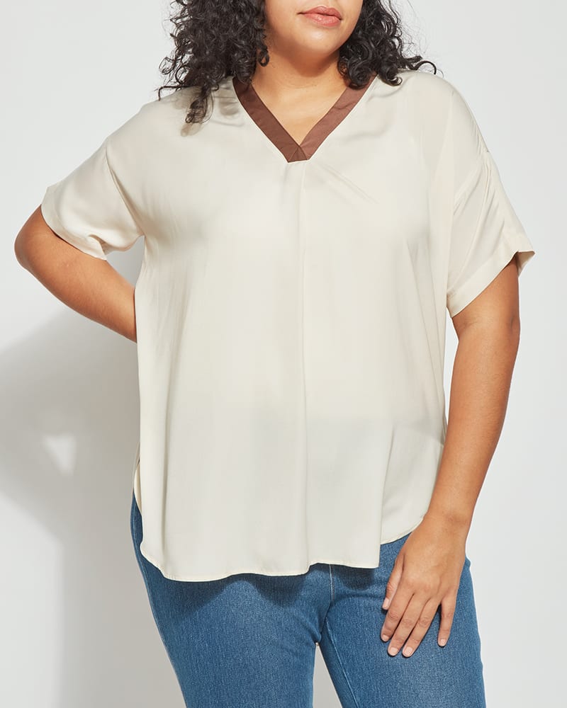 Front of a model wearing a size 1X Stevie Top in Latte by Lysse New York. | dia_product_style_image_id:235989